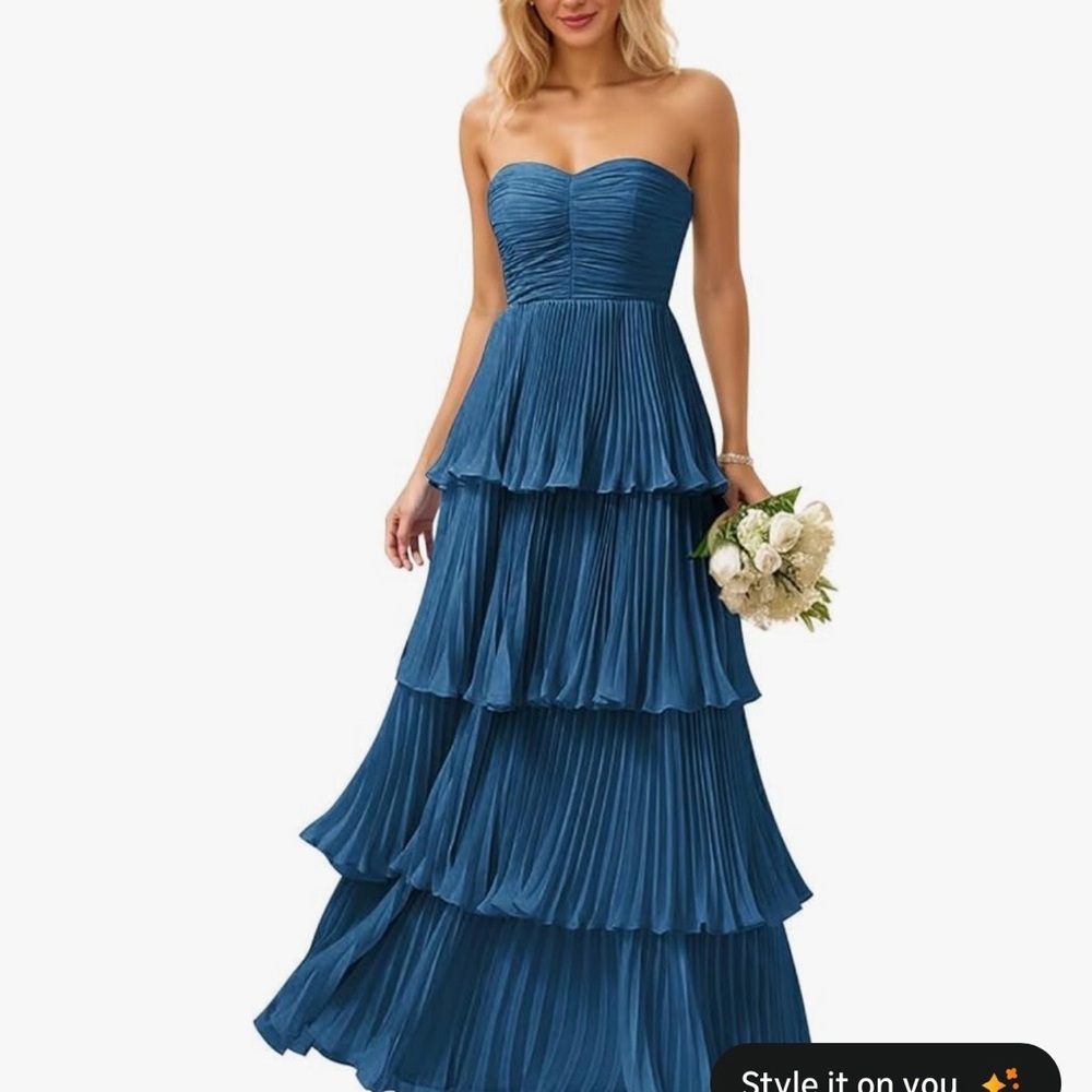 Strapless Tiered Pleated Maxi Dress - Blue